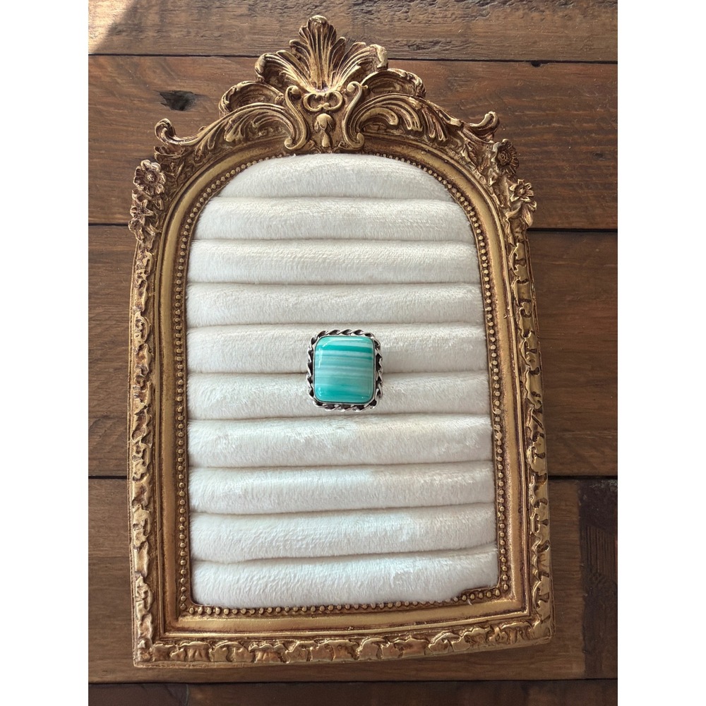 Vintage Sterling Silver 925 Rectangular Banded Green Gemstone Statement Ring 8